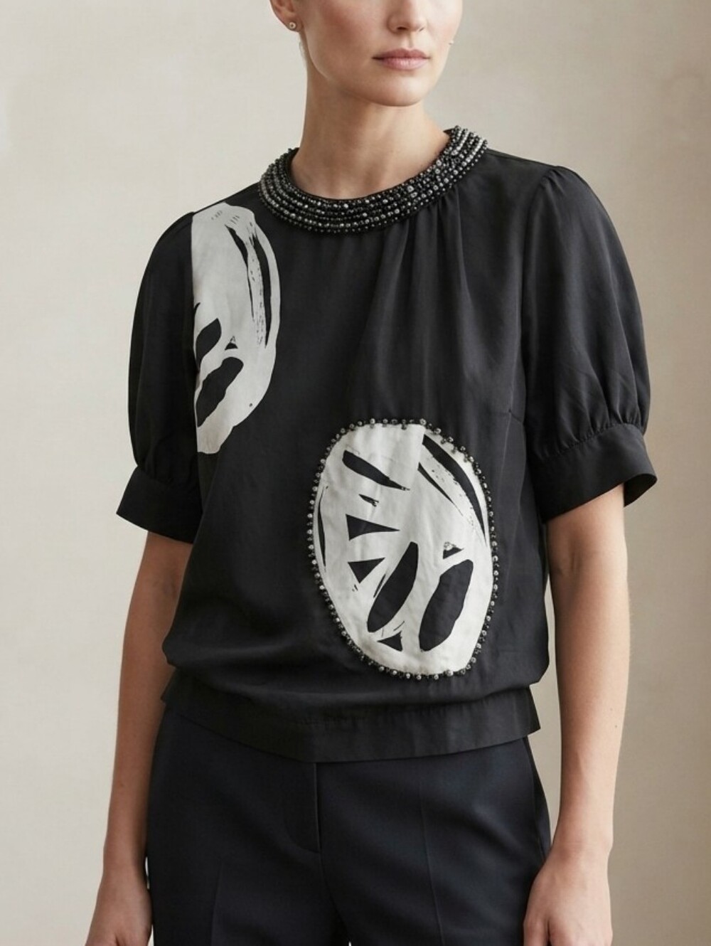 By Malene Birger Black 100% Silk Short-Sleeve Beaded Collar Beige Graphics Top